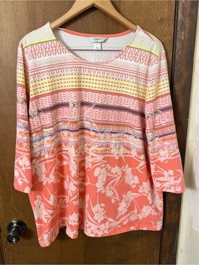 CJ Banks 2X Coral Floral & Stripe Scoop Neck Top